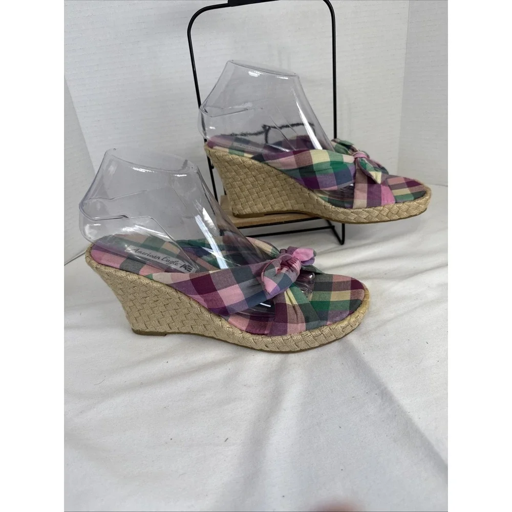 American Eagle Women's Multicolor Plaid Bow Slip-On Wedge Sandals US 8